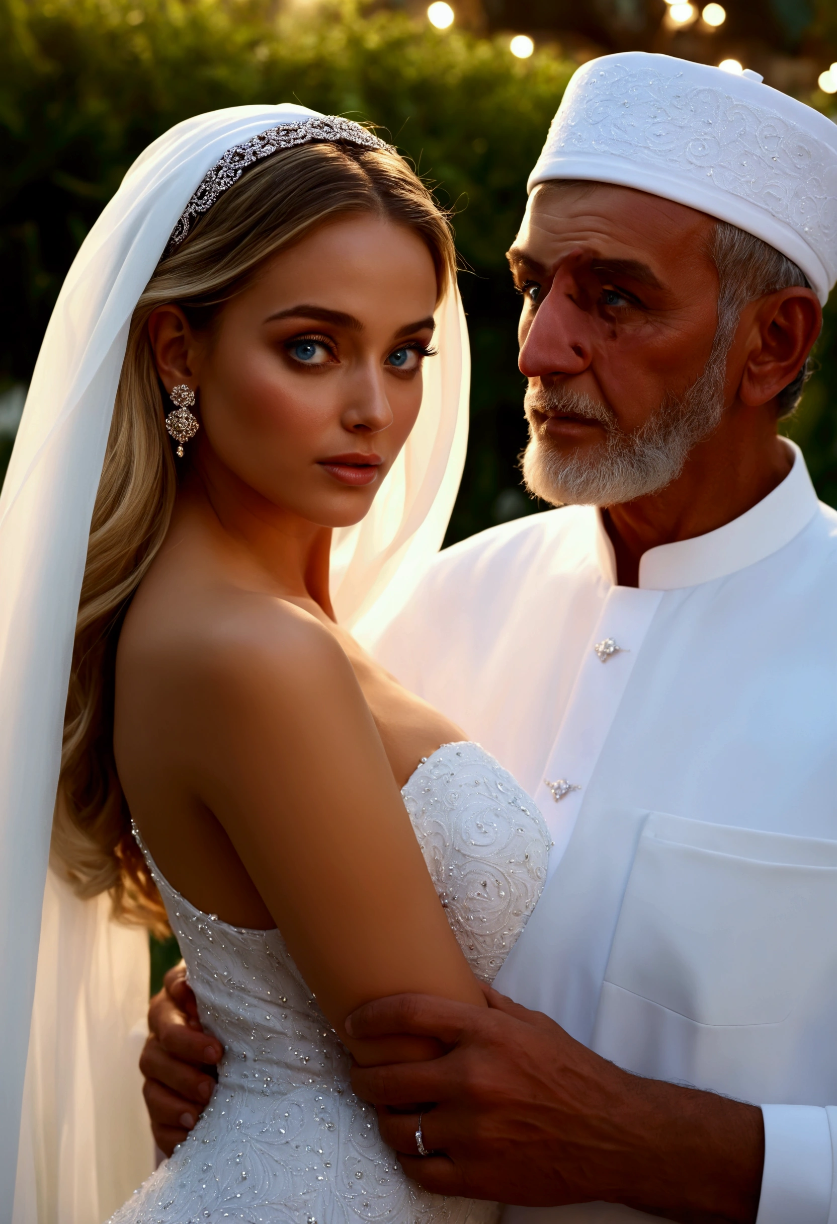 1 girl, a blond, , slutty, big , ultra big , big , a stunning brunette, blue light eyes, perfect face, round face, mirada penetrante, wearing sexy white dress, small dess, luxury, elegant, jewellry, posing with a old muslim man white tunic, asistiendo a boda como invitados, sexy pose with the old man, in a wedding celebration, in a giant garden in Dubai City, 4k, ultrarealistic, photo professional, 8k, hyper detailed, ultra detailed facial features, ultra detailed skin, dramatic light, cinematic, masterpiece