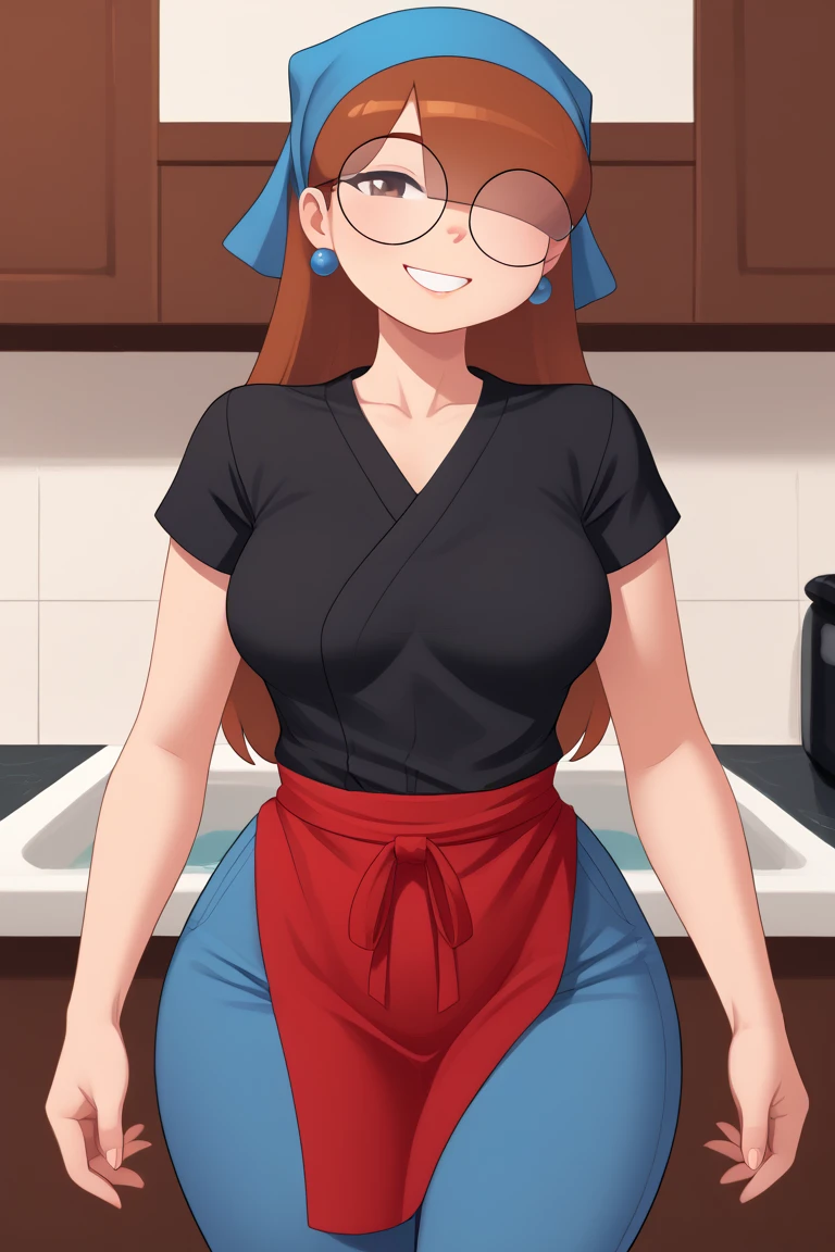 score_9, score_8_up, score_7_up, score_6_up, score_5_up, score_4_up, 1girl, solo, rating_explicit, source_cartoon, Emma_Donchibi_Style, red-brown hair, hair over eyes, blunt bangs,
black-framed eyewear, brown eyes, circular rim glasses, round eyewear, hair over one eye, long hair hairband, earrings, perfectly round breasts, wide hips, 
beautiful, sexy, cute, medium breasts, standing, smile, fca style, half body, eyebrows, red apron, japanese clothes, kimono, black shirt, blue pants, blue head scarf,short sleeves, indoor, sexy pose, smile, looking at viewer,