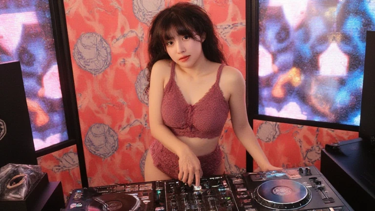 (ultra - detailed, 16K resolution, Cinema lenses, rendering by octane), (high resolution:1.18), intricate detail, (masterpiece:1.1), (highest quality:1.1), (1girl, portrait, white hair, blue eyes, short hair, detailed eyes),Wearing silver DJ headphones, 1 Indonesian girl, modern plain hot deep neck top and dupatta, shy, medium portrait, watery eyes, wearing blue  kebaya, ((big breasts)), black bokeh background, well-proportioned body,, chubby massive thighs, full body pose, Hena art on the body, hena art on arms, full body view , wearing red sneakers , Smile while DJing on stage, full body shot of, The spotlight shines on the female DJ. Photorealistic photography by Disco Lighting, (cute round face:1.3),big breast, bigtit,perfect fingers, five fingers, beautiful hands, perfect hands. master peace, cute smile.