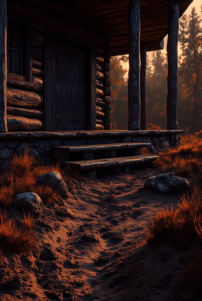 Muddy footprints leading from the porch to the cabin’s front door.