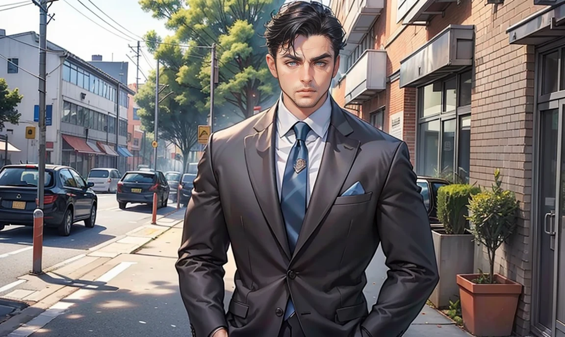 (masterpiece, best quality), 1 male, middle-aged masculine appearance:1.4, tall muscular guy, broad shoulders, finely detailed eyes and detailed face and detailed clothes, intricate details, realistic, very handsome, black hair:1.5, pale blue eyes, sharp chiseled face:1.7, professionally-dressed in a suit & tie: 1.4, teacher:1.7, severe cold expression:1.7, wearing glasses:1.5, standing outside a secondary-school building, surrounded by trees.