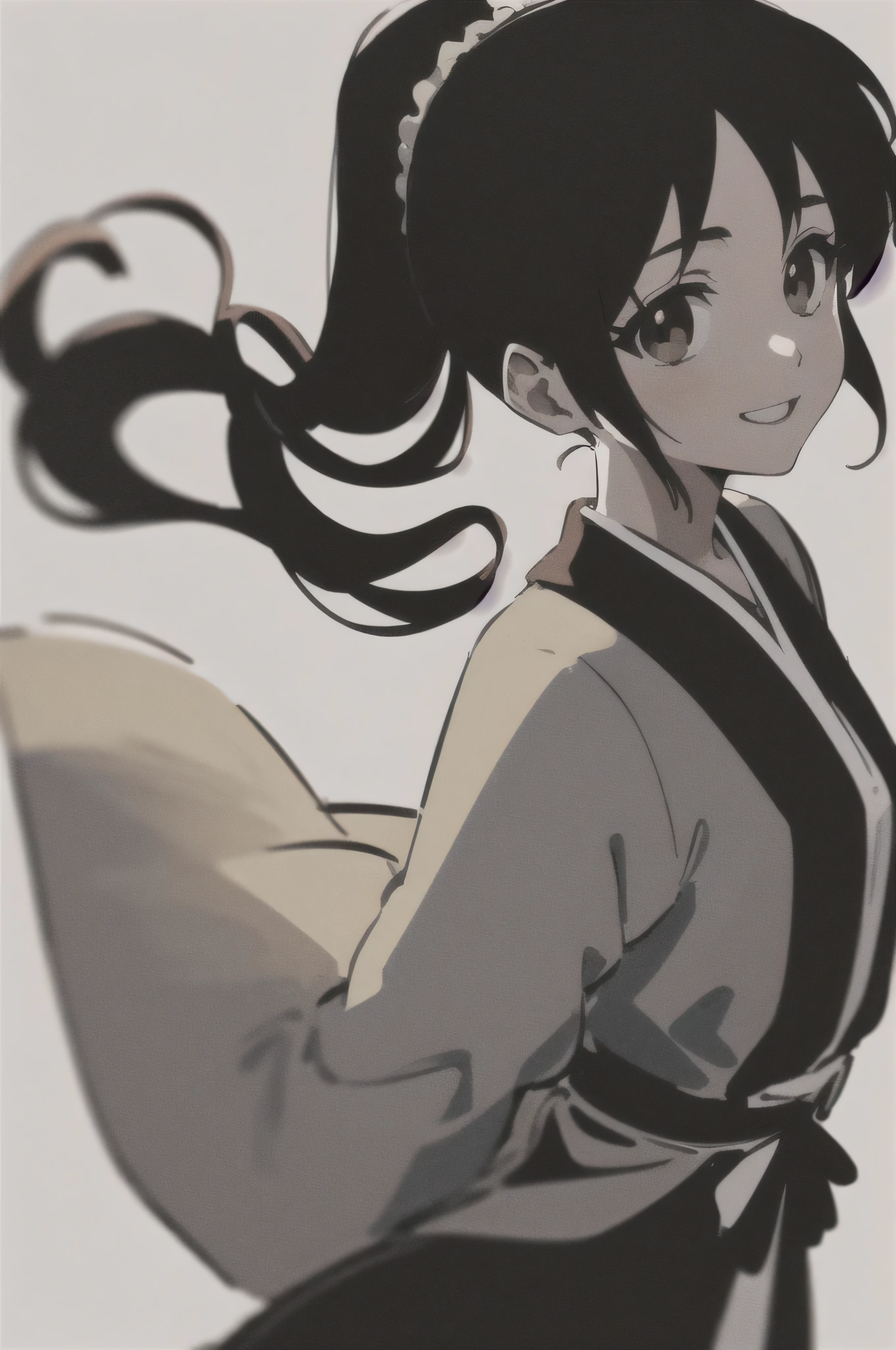 Masterpiece, best quality ,
from the side 1 girl , romantic love, black hair, single , ponytail, Van Cover, brown eyes,
hair bang,
kimono,white sleeveless coat , black kimono ,
smile, Alone, is looking, simple background, white background