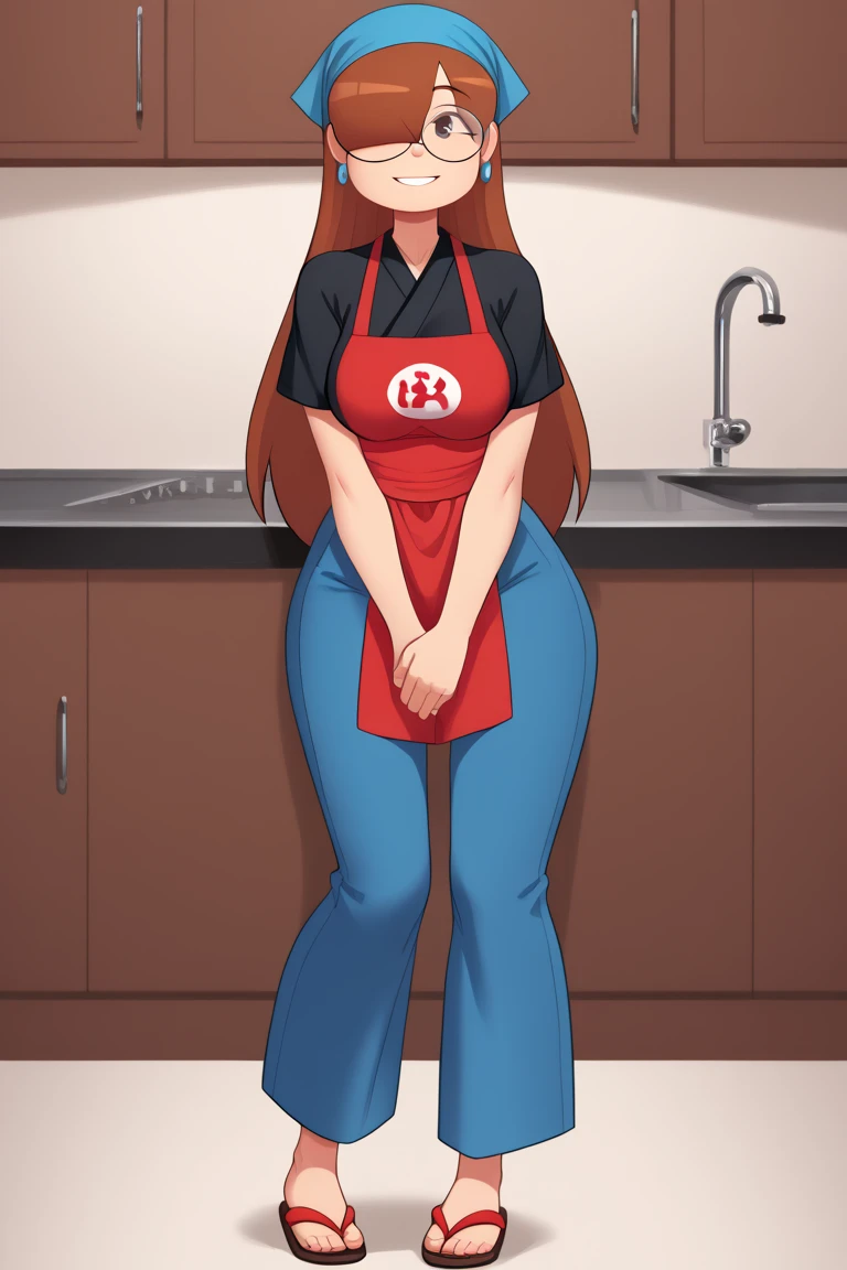 score_9, score_8_up, score_7_up, score_6_up, score_5_up, score_4_up, 1girl, solo, rating_explicit, source_cartoon, Emma_Donchibi_Style, red-brown hair, hair over eyes, blunt bangs,
black-framed eyewear, brown eyes, circular rim glasses, round eyewear, hair over one eye, long hair hairband, earrings, perfectly round breasts, wide hips, 
beautiful, sexy, cute, medium breasts, standing, smile, fca style, full body, eyebrows, red apron, japanese clothes, kimono, black shirt, blue pants, blue head scarf,short sleeves, indoor, sexy pose, smile, looking at viewer,