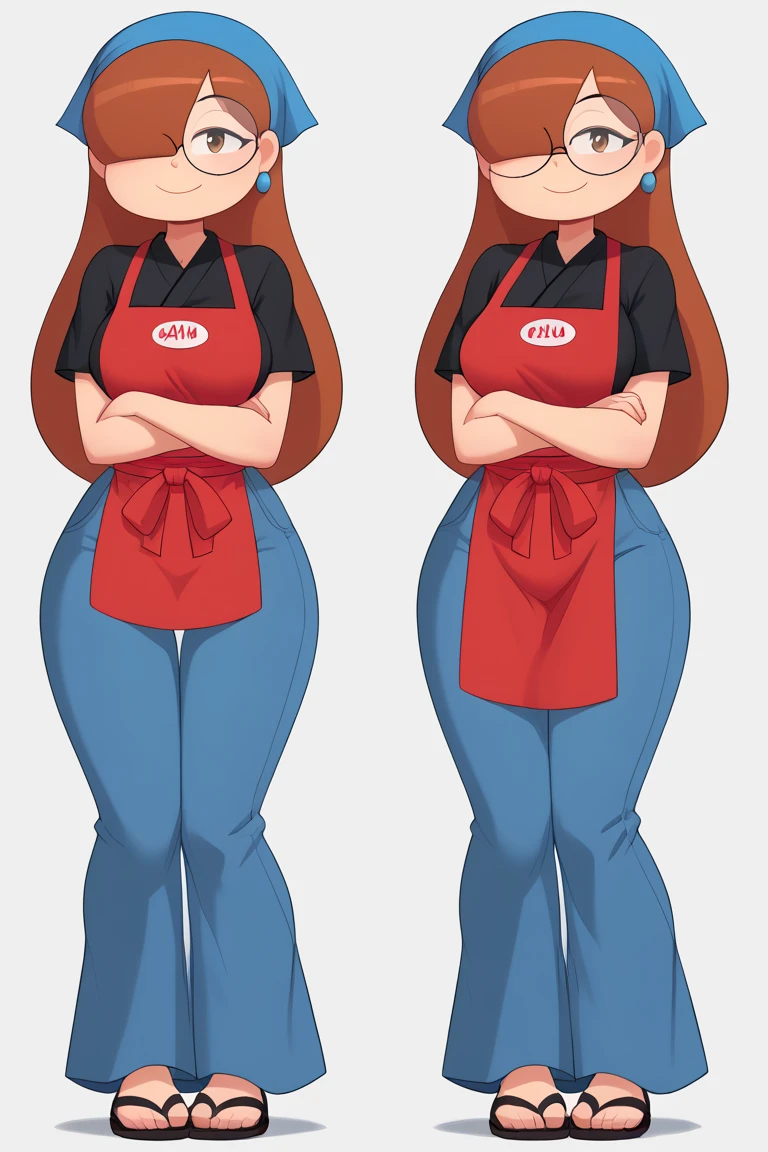 score_9, score_8_up, score_7_up, score_6_up, score_5_up, score_4_up, 1girl, solo, rating_explicit, source_cartoon, Emma_Donchibi_Style, red-brown hair, hair over eyes, blunt bangs,
black-framed eyewear, brown eyes, circular rim glasses, round eyewear, hair over one eye, long hair hairband, earrings, perfectly round breasts, wide hips,
beautiful, sexy, cute, medium breasts, standing, smile, fca style, full body, eyebrows, red apron, japanese clothes, kimono, black shirt, blue pants, blue head scarf,short sleeves, indoor, sexy pose, smile, looking at viewer,