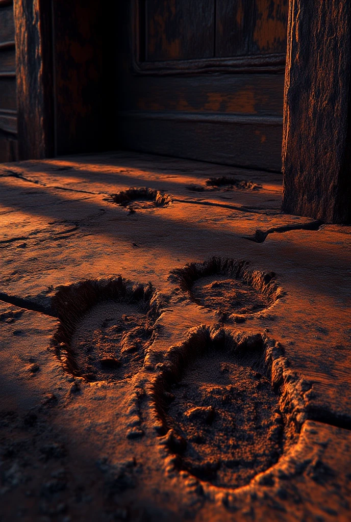 Close-up of muddy footprints on the porch with faint smudges near the door.