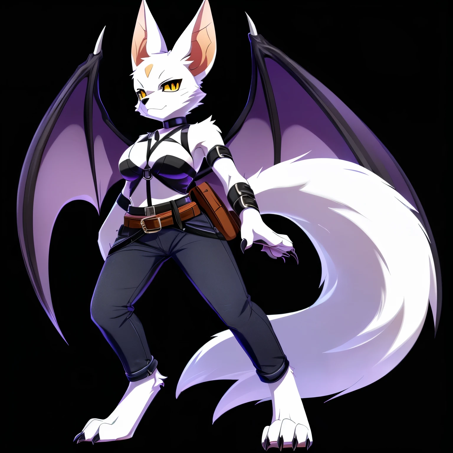 Anime, anime style, solo drawing, ((three-quarter view)), ((looking to the side)), full body picture, ((female Anthro bat)), ((Tall figure)), ((buxom figure)), ((white skin)), clawed hands, clawed feet, ((huge bat wings)), ((Purple Bat Wings)), white bat ears, ((wearing a black halter)), ((Wearing belts on upper arms)), ((Wearing belts on arms)), ((Wearing belts everywhere)), ((white face)), ((neutral expression)), bright yellow eyes, ((digitigrade legs)), ((digitigrade feet)), solid black background, highly detailed anime style, clean lines, white face, short white muzzle, white furry cheeks, white furry muzzle, ((wearing black jeans))