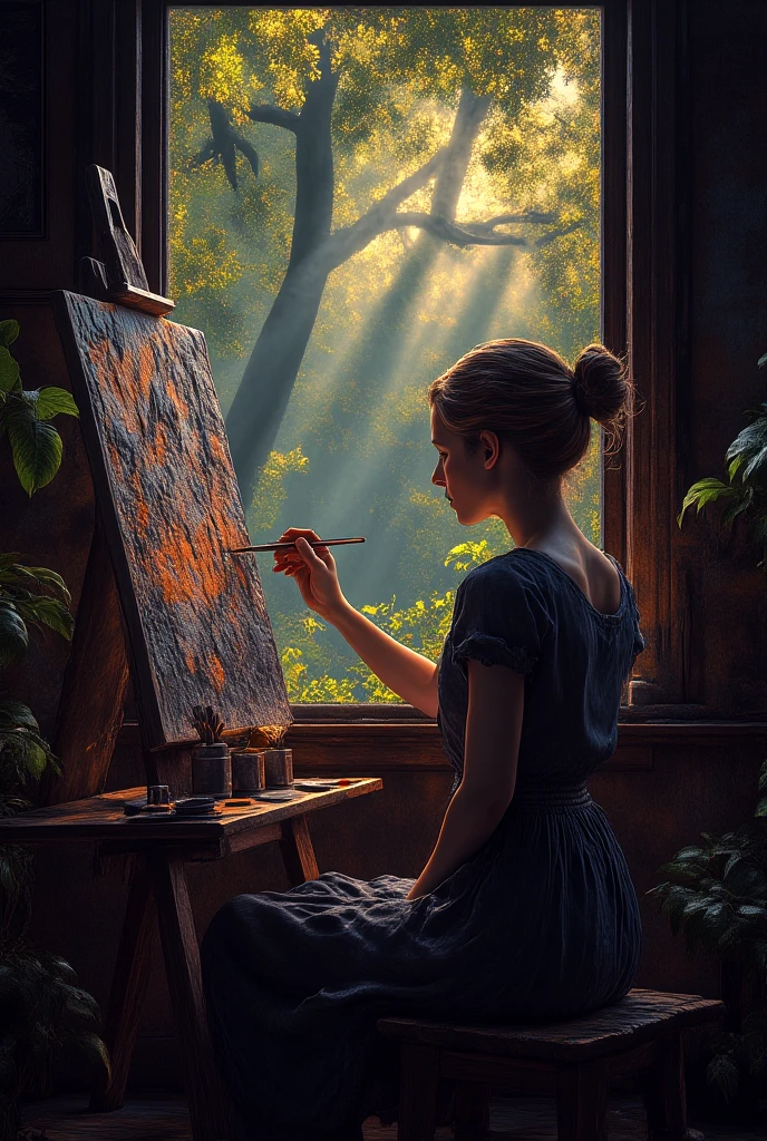 Lana sitting at an easel, painting, with the woods visible through the window behind her.