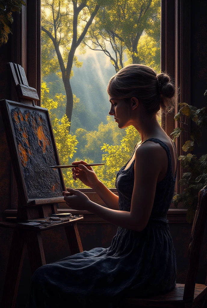 Lana sitting at an easel, painting, with the woods visible through the window behind her.