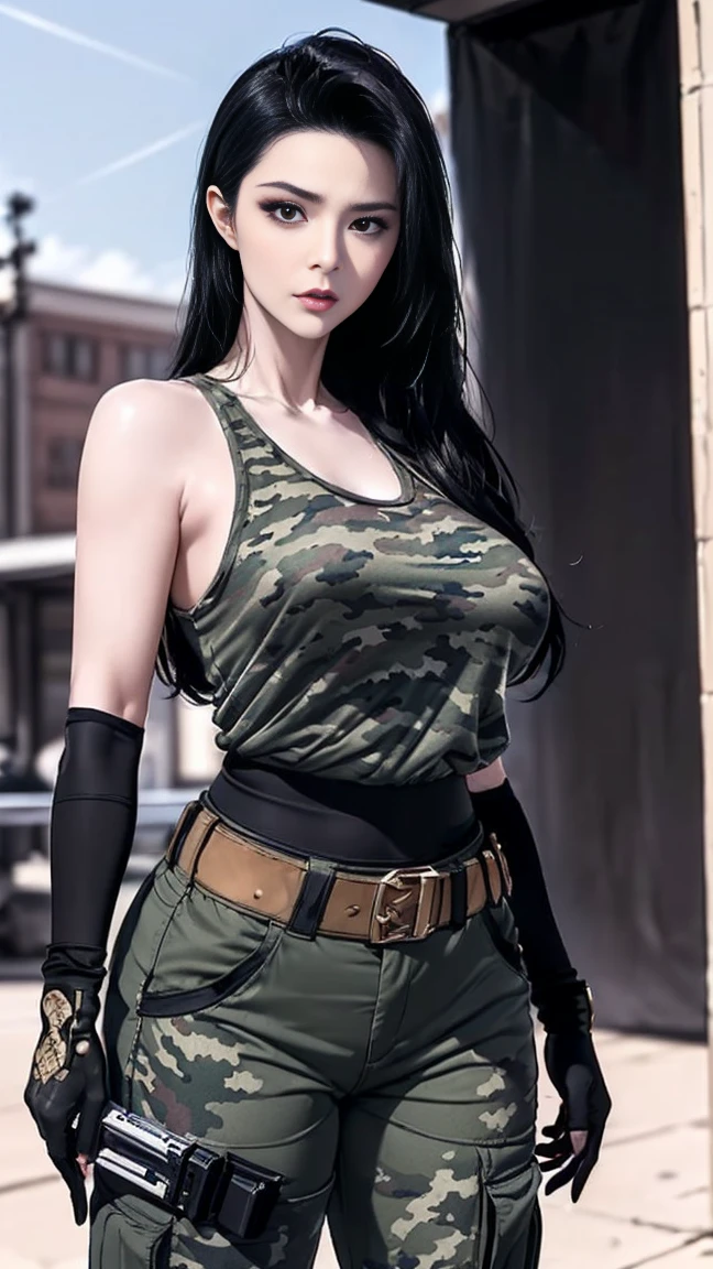 ((wide angle image)), beautiful female veteran, black hair in a ponytail, bangs, wearing large glasses, wounds, injuries, confident smile, (((wearing a white military tank top, layered with ww2 Oversized military uniform, Wearing ww2 military pants. Oversized, Off shoulders, Distressed, worn-out))), on the ww2 battlefield.