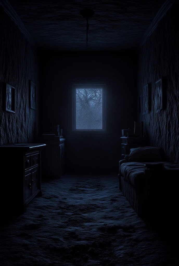 A shadowy interior of the cabin, with nothing visibly out of place.