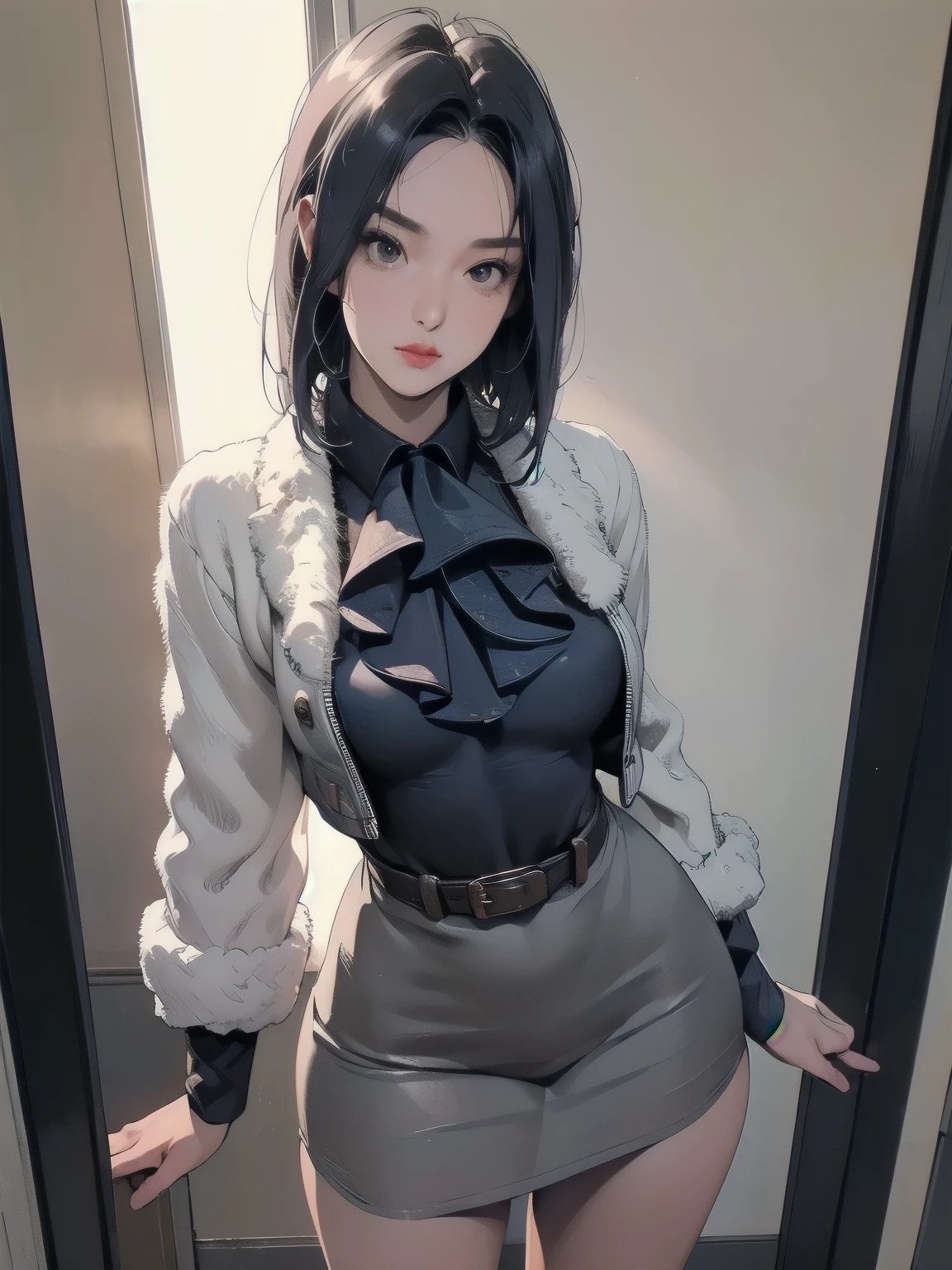 1 , yun jin lee personagem do jogo dead by daylight, Yun Jin Lee sobrevivente, Dead by Daylight ultra preciso detalhado, Vista traseira, perfil Brilho, Obra-prima, Melhor qualidade, cabelo lilaz, Photorealistic style, Instagram pic, selfie, ((Full body)),  large almond eyes, sexy uniform, detailed skin, enormeous breast)) ((curvy muscular body)) muscled sexy,  realistic detailed, excited, depth of field, reflection light, god rays, social media composition, cowboy shot, wide shot, from above, f/1.8, 85mm, Nikon, 16k, masterpiece, high details, high quality, highres, wallpaper, correção dos olhos, correção de postura, correção de pose , 24-year-old female,  long legs,sexy ,exaggeratedly short dress ,long sleeves, ultra black dress ,semi-exposed thighs ,(hips:1,62)