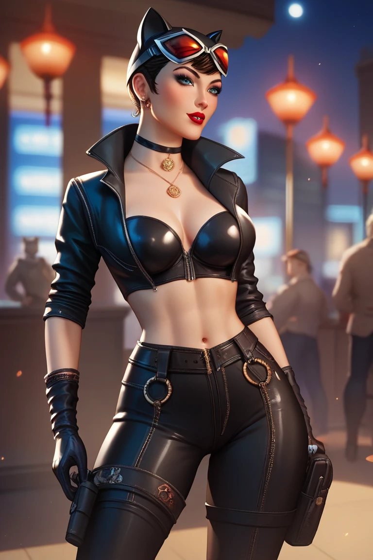 masterpiece, Best quality, profondeur de champ, cinematic light, Lens Flare, Ray Tracing, full body view. 1Kristin Kreuk, brunette, yeux verts, ponytail, en blouson en cuir jaune et pantalon en cuir noirs, et des jolies bottes en cuir noires. Dansant autour d'une barre (pole dance) une boite de strip tease. ombre profonde, ((Regarder le spectateur)),(Grand sourire:1.3), (blurred background),(without people in the background:1.3), Beautiful earrings, Bracelets, (Grands yeux verts), Face forward, sein ouvert, very slim, seins moyens, faire demi-tour.