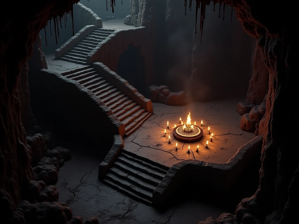 A cult ritual site in a large underground cavern cave with stairs leading up to a alter with candles around it from the Arkham Horror franchise, hyper realistic, actually like the picture but in a cinematic horror movie scene