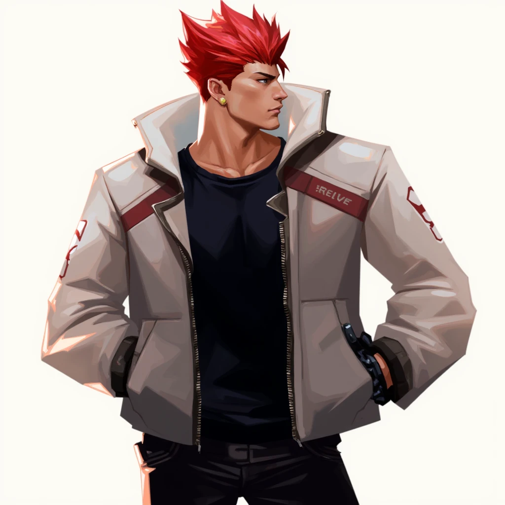 (( best quality )), (( masterpiece )), ( detailed), ( masterpiece ), ((sfw)),  best quality ,  expressive eyes ,  s , , (1 boy,, Tall big young adult , handsome boy, longer face,  muscular body ), Alone,  messy red hair short Wolf haircut, Green eyes BREAK  ( tanned skin, tanned man), Shooting cowboys , smile, smile, sweatshirt with black top sports jacket with red details BREAK black pants BREAK while standing, :d, to smile, Boy looking at , longer face , and black gloves