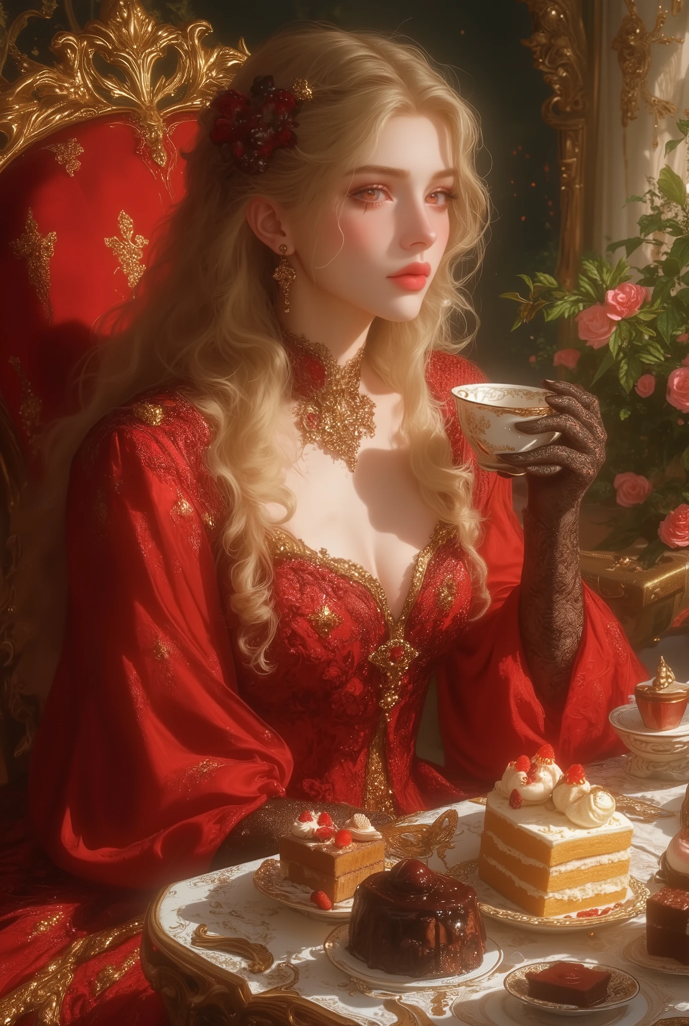 Best quality,masterpiece,ultra high res,beautiful, extremely detailed face, perfect lighting, perfect face, 16k, beautiful women, 1 garota , 16k, Best quality,masterpiece,ultra high res,beautiful, extremely detailed face, 16k, The time is set in the Victorian era, with a beautiful girl sitting on an elegant chair, the girl is drinking tea, with a delicate teacup in one hand. The girl wears a long red dress, Victorian fashion, with several chic accessories decorated in gold. The dress is red and well detailed, with lace gloves on the girl's hands. The girl has long blonde golden hair, carmesin red eyes, pink cheeks and reddish lips. In front of the girl, there is a table with a bunch of different cakes such as chocolate cake with strawberry, vanilla cake, and others. The girl is having tea in a garden, with butterflies and flowers around her.
