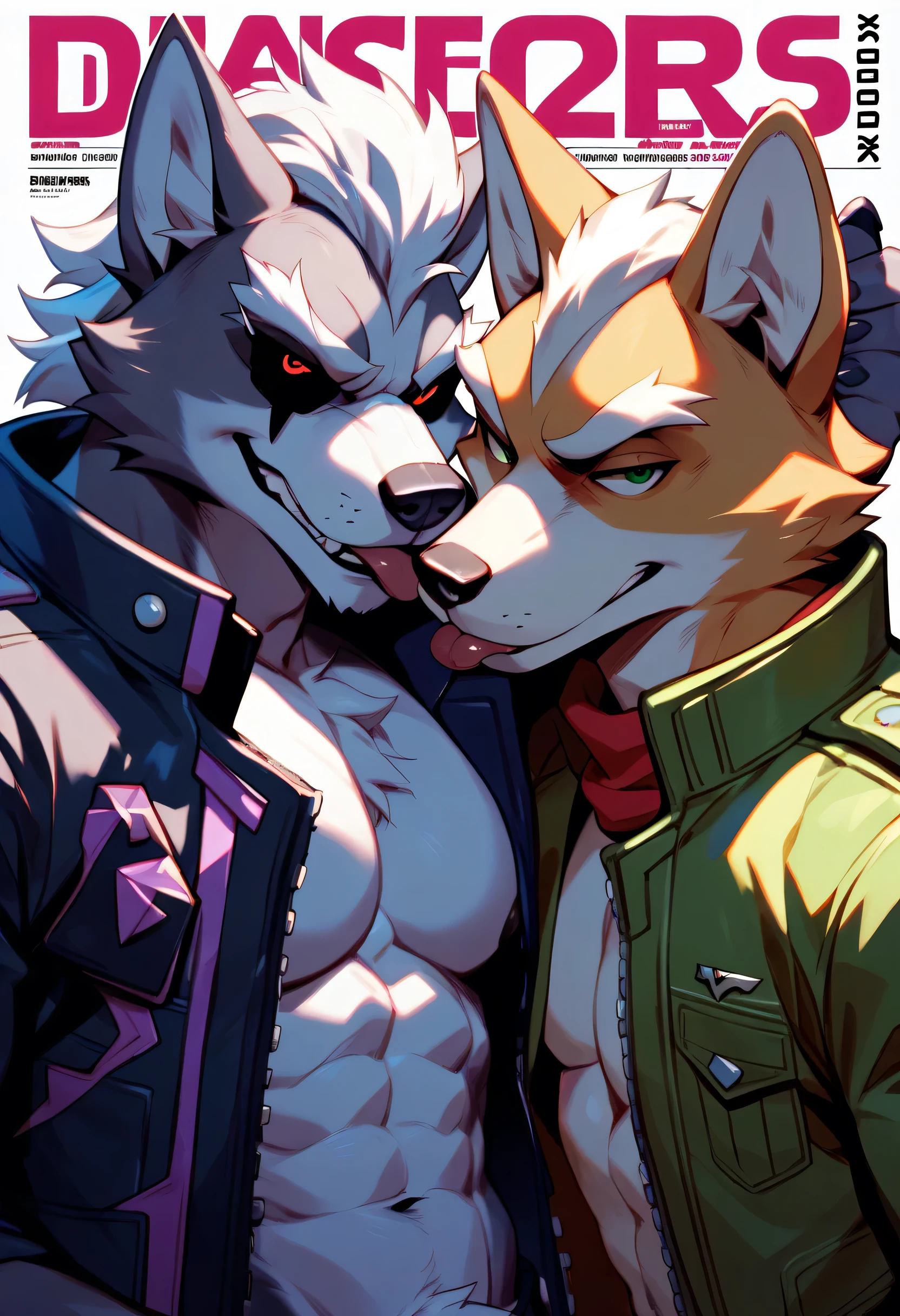 Brown and cream wolf,Kirito style hair but brown with purple tips, en jocktrap sin camisa y con una marca con forma de punta de lanza de color rojo en el pecho