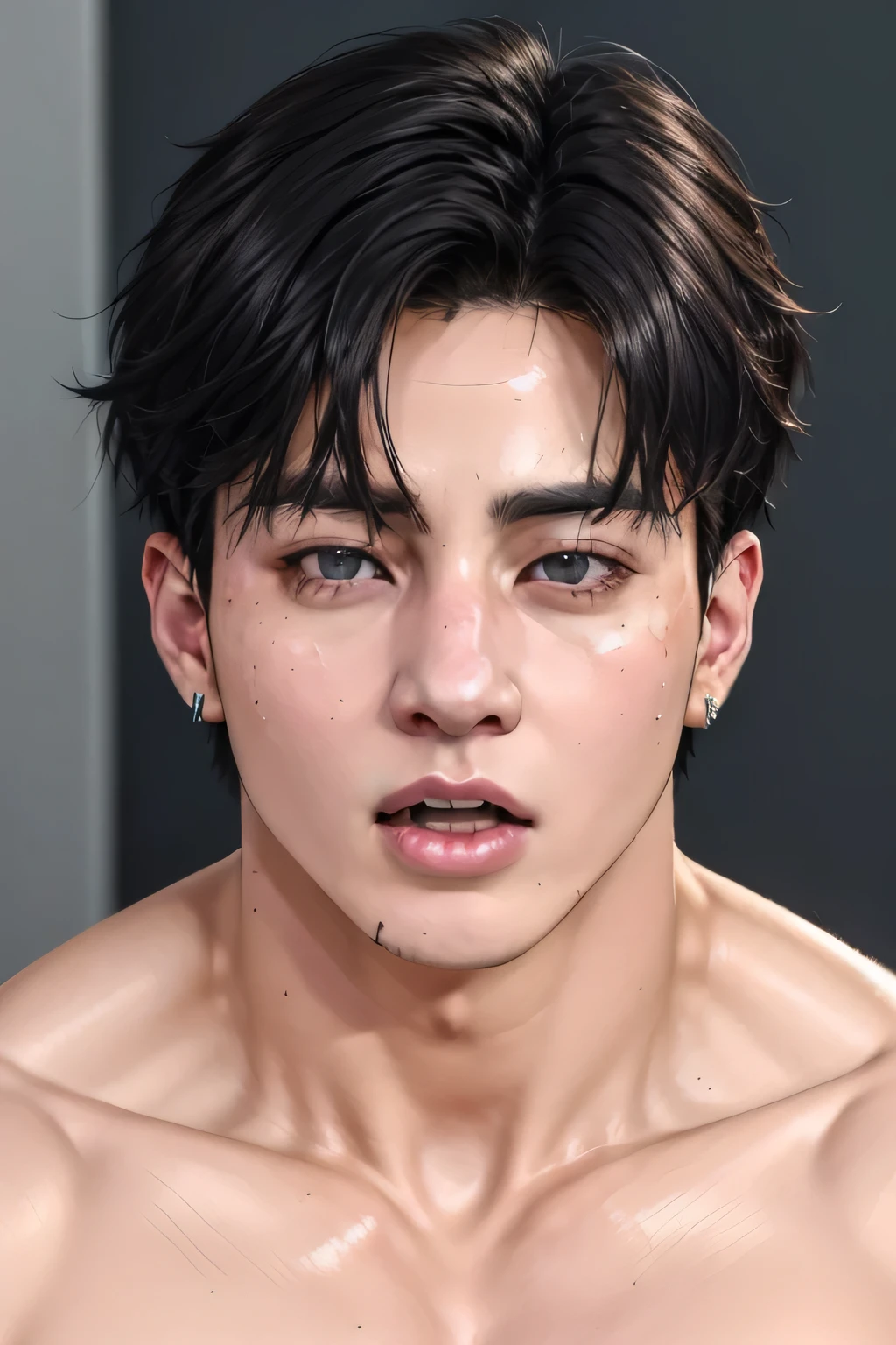 Jungkook BTS, It's marked 、、(father:0.5), and is marked as muscular,Highest quality、masterpiece, face focus, masterpiece, best quality, ultra high res, Face with developed jaws