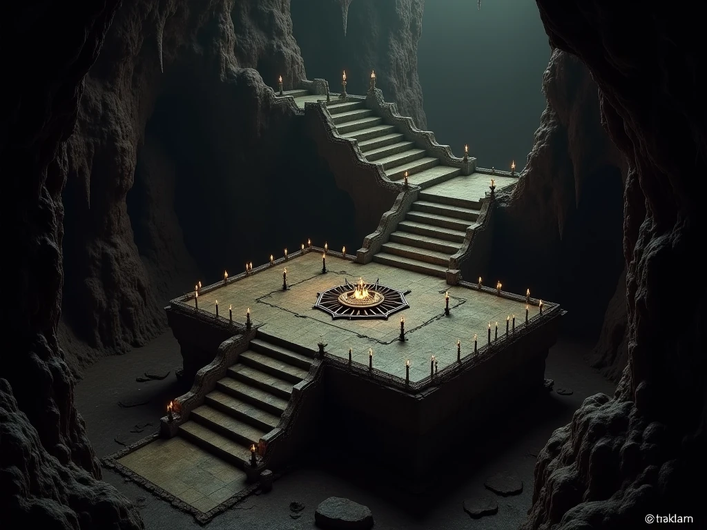 A cult ritual site in a large underground cavern cave with stairs leading up to a elevated rectangular platform with a alter in the middle with candles around it from the Arkham Horror franchise, hyper realistic, actually like the picture but in a cinematic horror movie scene.