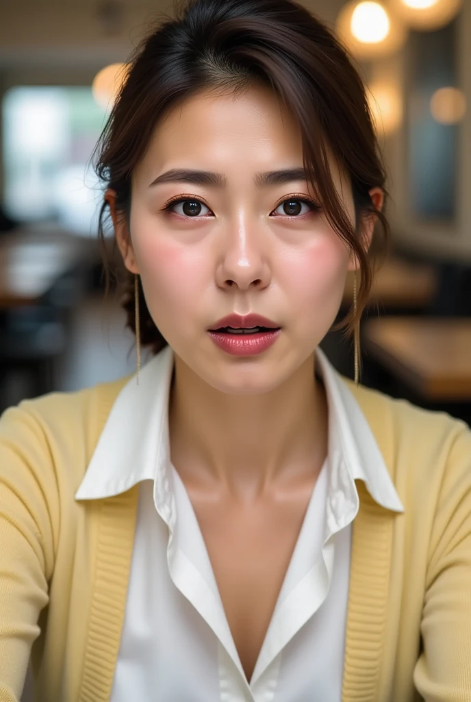   beautiful brown-haired woman  ,  Sit at a restaurant table , pale yellow sweater over white shirt , ((  screaming climax )) ,   Sharp Focus with Eyes Closed   , (  8K ultra HD :0.8),   ultra detail  ,   RAW amateur photo  ,(( face close-up while changing clothes)),Frowning, Irritated, frown, Mouth wide open ,Panting face, it is there ,Chest, neck,  And a face that shines when wet with sweat   ,Coordinating Your Chest to SEXY ,  Beautiful Actress Scandals, lean against the back of a chair,  leaning back from outside  、Contempt