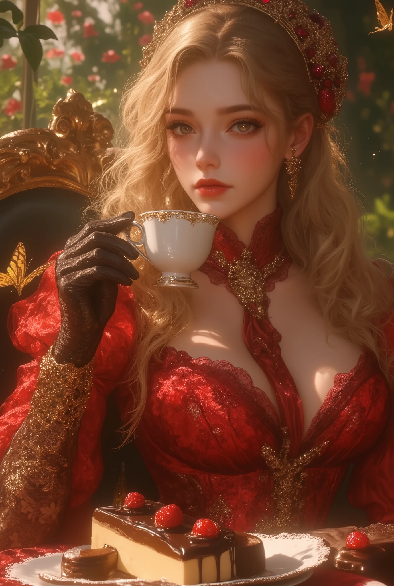 Best quality,masterpiece,ultra high res,beautiful, extremely detailed face, perfect lighting, perfect face, 16k, beautiful women, 1 garota , 16k, Best quality,masterpiece,ultra high res,beautiful, extremely detailed face, 16k, The time is set in the Victorian era, with a beautiful girl sitting on an elegant chair, the girl is drinking tea, with a delicate teacup in one hand. The girl wears a long red dress, Victorian fashion, with several chic accessories decorated in gold. The dress is red and well detailed, with lace gloves on the girl's hands. The girl has long blonde golden hair, big red carmesin eyes and pink cheeks and reddish lips. In front of the girl, there is a table with a bunch of different cakes such as chocolate cake with strawberry, vanilla cake, and others. The girl is having tea in a garden, with butterflies and flowers around her.