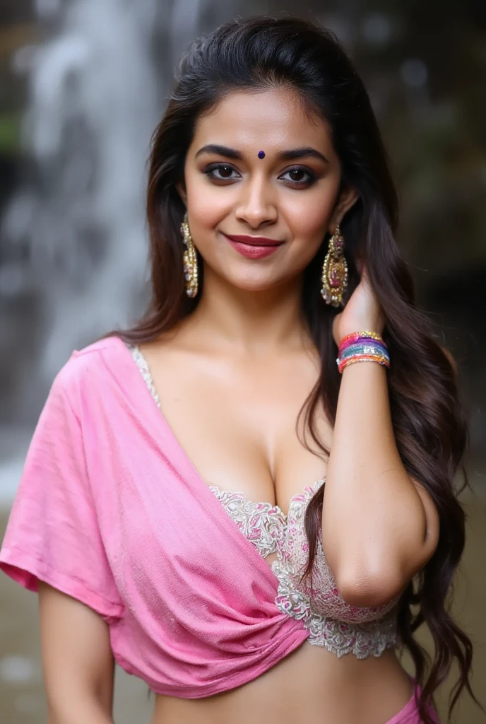 Under a cascading waterfall, an Indian girl stands completely drenched, the water streaming down around her, accentuating her features in a captivating close-up. Her traditional pink blouse clings to her form, the short sleeves and knotted front revealing her toned waist and graceful silhouette. Her wet hair, styled in an elegant updo, now falls loosely, adding a natural, carefree beauty to her appearance.

Drops of water glisten on her skin, and her radiant smile shines through, full of joy and liveliness. She wears gold dangling earrings, colorful bangles, and a small bindi on her forehead, each piece of jewelry glinting softly in the misty sunlight filtering through. The close-up captures her expressive eyes and serene expression, creating a beautiful and intimate moment as she stands beneath the waterfall, embracing the refreshing flow of nature.