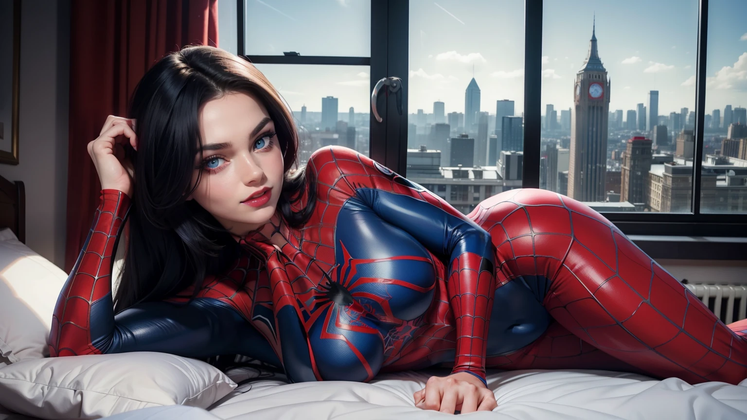 (Extreme Detail CG Unity 8K wallpaper, masterpiece, highest quality), (exquisite lighting and shadow, highly dramatic picture, cinematic lens effect), a girl in a Spider-Man costume, gray-blue hair color, from the Spider-Man parallel universe, Wenger, Marvel, Spider-Man, sitting on the couch, dynamic pose), (excellent detailing, excellent lighting, wide angle), (excellent rendering, enough to stand out in the same class), with a focus on white Spider-Man costumes, complex spider textures
