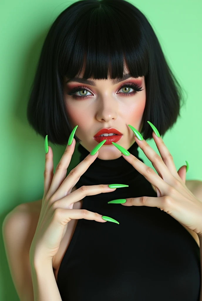 A queen with rainbow grills in her mouth with a queen CHAIN HOLDING money in HER HANDS GREEN nails photorealism clear sharp black eyes nose ring piercings jewelry rings tattoos blood