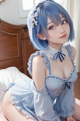 (masterpiece, top-quality;1.3), ultra-detailliert, look at viewr, Kissed face, From above, open open mouth, full body Esbian, show me panties, Remu_Re_Staynight, blue hairs, short-haired, maid's uniform, hair adornments, low-cut, Maid headdress, Ribbon heart-shaped pupil, pink back ground,