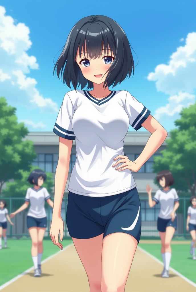 2d anime (1 girl), Japanese, , perfect face, Symmetrical and cute face, (Huge breasts:1.2),A sunny day with blue skies、A high school girl with short black bob hair smiles and talks to her friends during a physical education class on the school grounds.。She is wearing a tight white gym uniform and navy blue tight shorts.、Wearing white socks and sneakers。My hair is swaying slightly in the wind、While worrying about her bangs falling on her cheeks、Having a pleasant conversation with a friend。Her face is bright、Her eyes are shining。In the background、The students, also wearing gym clothes, divided into several groups、The video shows the players playing catch and stretching。Deep in the grounds、White school buildings and green trees々I can see、A scene that makes you feel the cold wind of the  Autumn。The smiles of high school girls attract the attention of onlookers.、It gives a lively and fresh impression.。