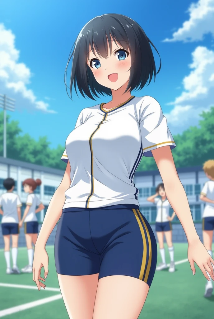 2d anime (1 girl), Japanese, , perfect face, Symmetrical and cute face, (Huge breasts:1.2),A sunny day with blue skies、A high school girl with short black bob hair smiles and talks to her friends during a physical education class on the school grounds.。She is wearing a tight white gym uniform and navy blue tight shorts.、Wearing white socks and sneakers。My hair is swaying slightly in the wind、While worrying about her bangs falling on her cheeks、Having a pleasant conversation with a friend。Her face is bright、Her eyes are shining。In the background、The students, also wearing gym clothes, divided into several groups、The video shows the players playing catch and stretching。Deep in the grounds、White school buildings and green trees々I can see、A scene that makes you feel the cold wind of the  Autumn。The smiles of high school girls attract the attention of onlookers.、It gives a lively and fresh impression.。