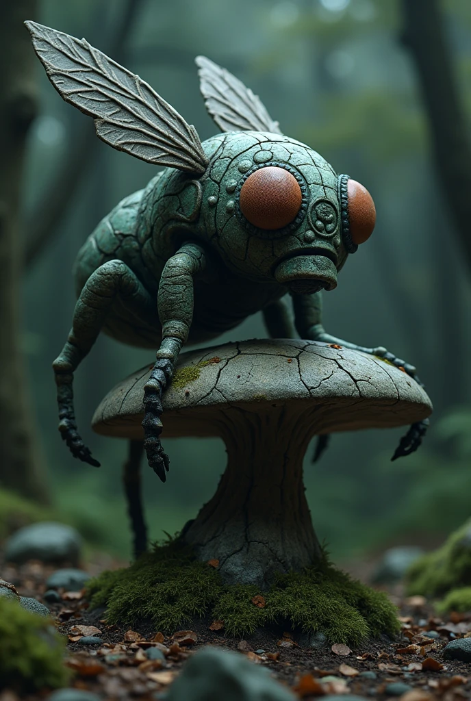 realistic， photorealistic， photorealistic, Cursed ancient stone statue ，Stone statue of a giant oval six-eyed fly， The stone statue has six small wings in proportion to the body， The petrified body is attached to a stone mushroom ， Shady abandoned temple ， Shady dark forest ， Dramatic contrast lighting ， Ominous supernatural atmosphere ， Intricate ornate details ，Cracked weathered surface ，Moss covering， Dark and moody colors ， Cinematic composition ， BEST QUALITY，4K，8k， high resolution ， masterpiece， ultra-detailed 