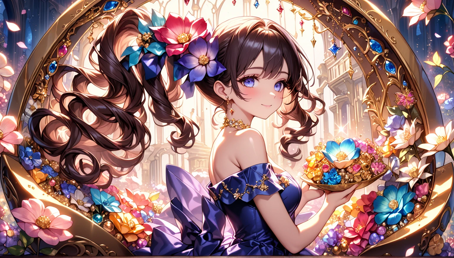  cute single woman , Curly Hair,   SIDE PONYTAIL  ,   off-shoulder check dress ,   VERY DETAILEDな美しい目,  upper body, Fluffy,  ((Particles of light)),   shallow depth of field, (  many fluttering petals  ), (((fantastic sparkling flower   ))),  The girl is in a large jewelry box filled with lots of jewels, treasure, ( Complete anatomy), (perfect hand), (( VERY DETAILED, Exquisite quality,   absolute resolution)),