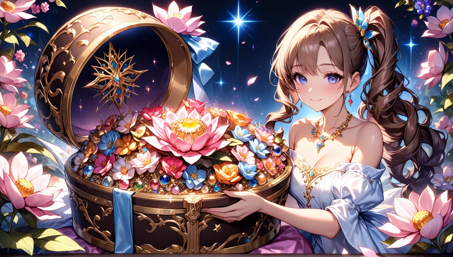  cute single woman , Curly Hair,   SIDE PONYTAIL  ,   off-shoulder check dress ,   VERY DETAILEDな美しい目,  upper body, Fluffy,  ((Particles of light)),   shallow depth of field, (  many fluttering petals  ), (((fantastic sparkling flower   ))),  The girl is in a large jewelry box filled with lots of jewels, treasure, ( Complete anatomy), (perfect hand), (( VERY DETAILED, Exquisite quality,   absolute resolution)),