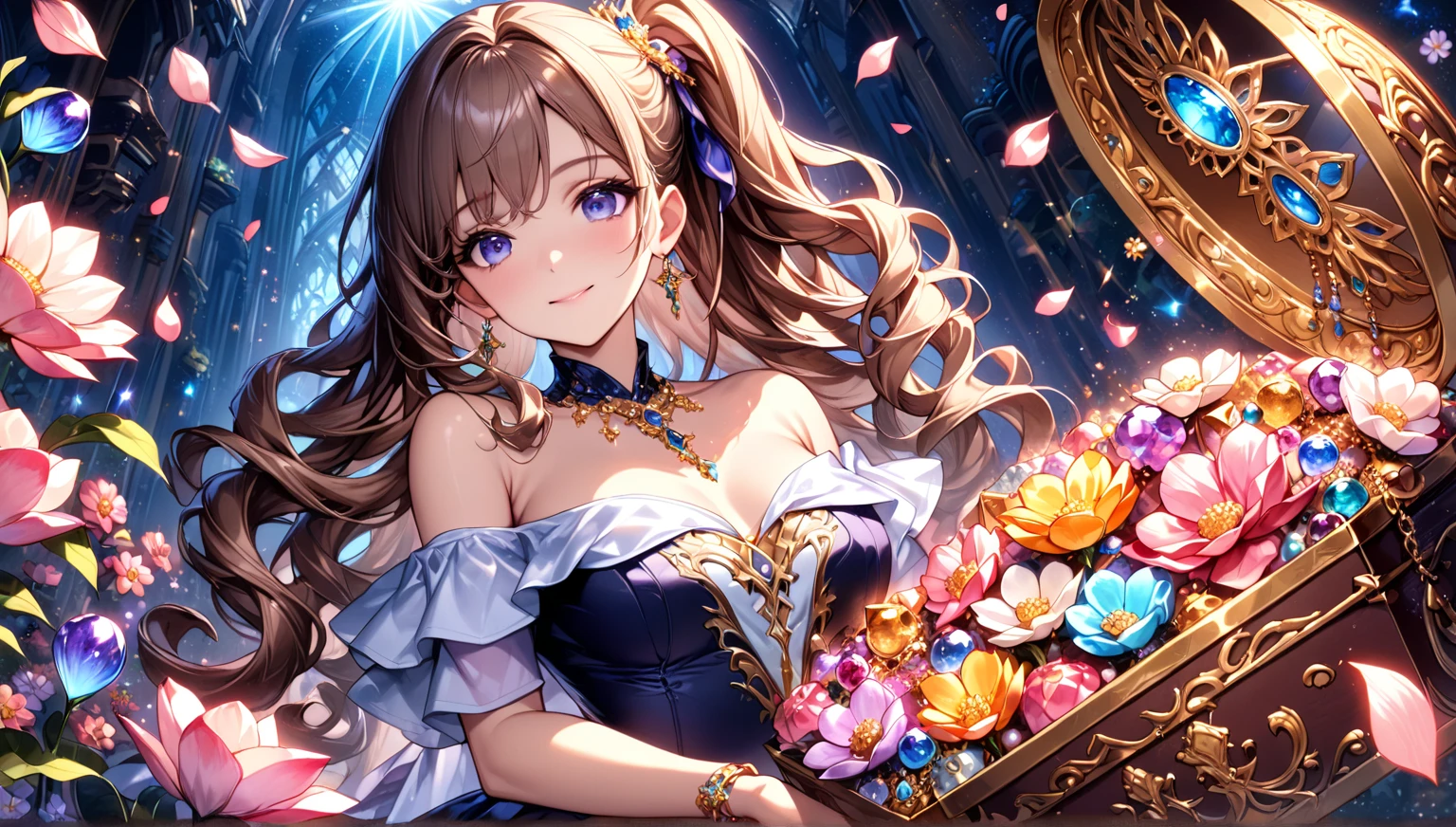  cute single woman , Curly Hair,   SIDE PONYTAIL  ,   off-shoulder check dress ,   VERY DETAILEDな美しい目,  upper body, Fluffy,  ((Particles of light)),   shallow depth of field, (  many fluttering petals  ), (((fantastic sparkling flower   ))),  The girl is in a large jewelry box filled with lots of jewels, treasure, ( Complete anatomy), (perfect hand), (( VERY DETAILED, Exquisite quality,   absolute resolution)),