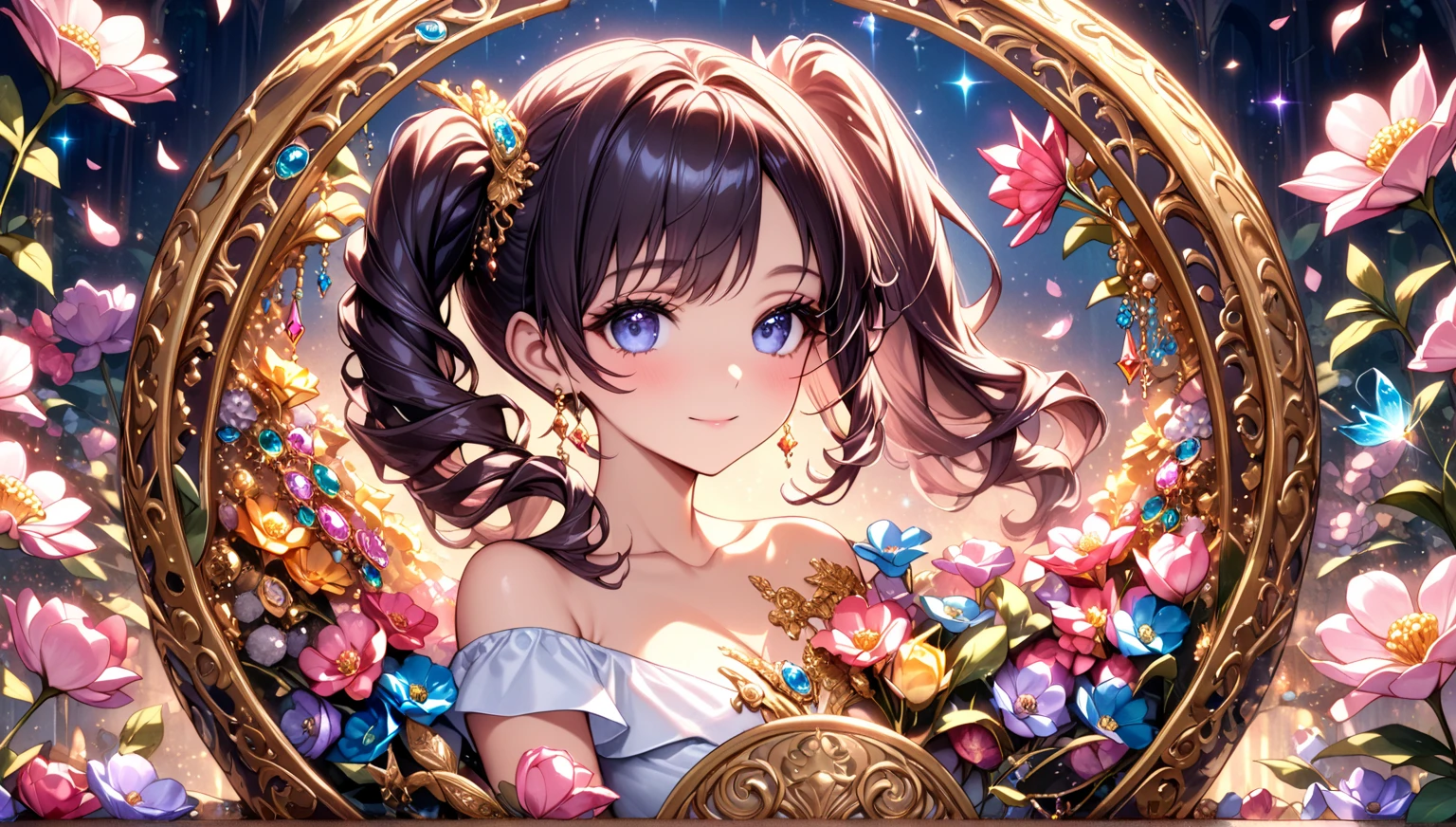  cute single woman , Curly Hair,   SIDE PONYTAIL  ,   off-shoulder check dress ,   VERY DETAILEDな美しい目,  upper body, Fluffy,  ((Particles of light)),   shallow depth of field, (  many fluttering petals  ), (((fantastic sparkling flower   ))),  The girl is in a large jewelry box filled with lots of jewels, treasure, ( Complete anatomy), (perfect hand), (( VERY DETAILED, Exquisite quality,   absolute resolution)),