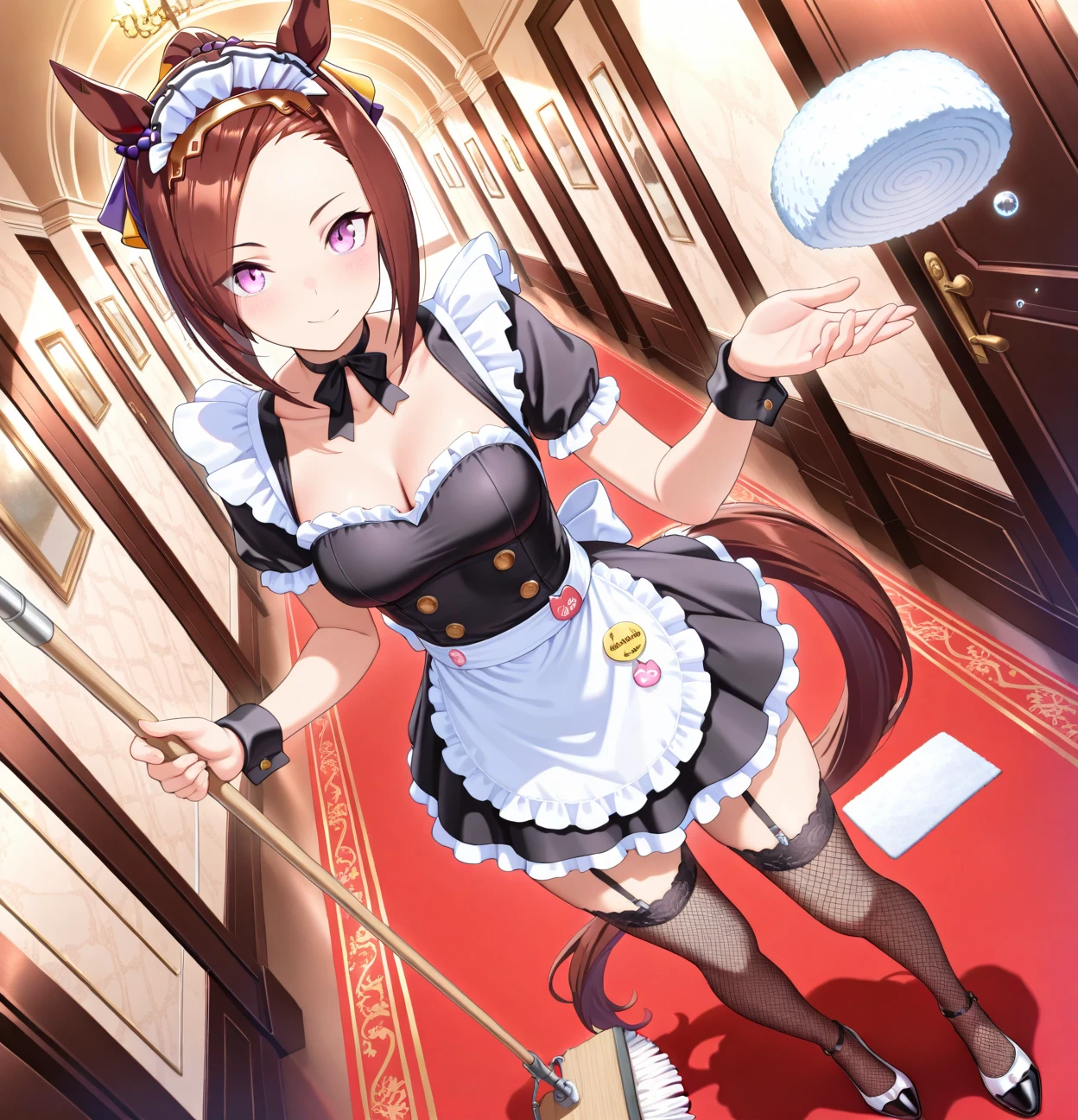 (masterpiece, best quality), amazing quality, very aesthetic, absurdres, highres, newest, fine detail background, cowboy shot, low angle, dutch angle, vanishing point, mopping tile, rating: safe, full body, solo, 1girl, (Sakura Bakushin O \umamusume\), slender, medium breast:1.2, collarbone, horse ear, horse tail, (Sexy French maid costume, Apron with ruffles, mini skirt, black fishnet thighhigh, garter belt), happiness, ((holds the mop with both hands, one only mop, Mopping)), indoor, The hallway of a luxurious mansion, Marble tile,