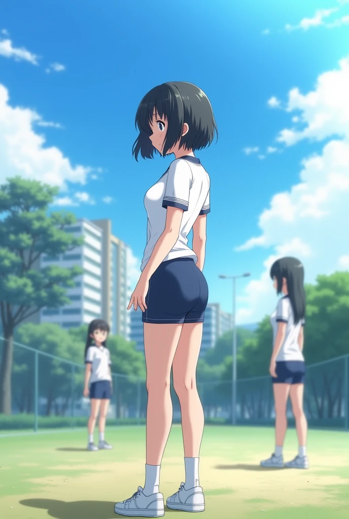 anime 2d image taken from behind (1 girl), Japanese, , perfect face, Symmetrical and cute face, (huge breasts:1.2),A sunny day with blue skies、A high school girl with short black bob hair smiles and talks to her friends during a physical education class on the school grounds.。She is wearing a tight white gym uniform and tight navy blue shorts.、Wearing white socks and sneakers。My hair is swaying slightly in the wind、While worrying about her bangs falling on her cheeks、Having a pleasant conversation with a friend。Her face is bright、Her eyes are shining。In the background、The students, also wearing gym clothes, divided into several groups、The video shows the players playing catch and stretching。Deep in the grounds、White school buildings and green trees々I can see、A scene that makes you  feel the cold autumn wind。The smiles of high school girls attract the attention of onlookers.、It gives a lively and fresh impression.。