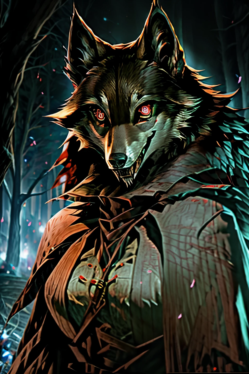 She wolf ,crazy werewolf, smile,spyral eyes,forest night background, stronger girl,full body, 