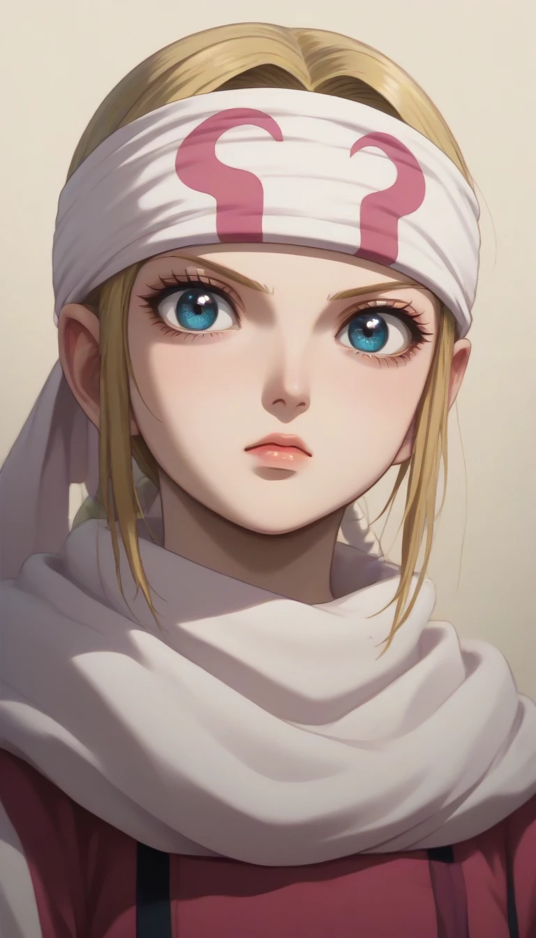 (((Fumina Hoshino))) blonde hair blue eyes score_9, score_8_up, score_7_up, 1girl, kyoukai cowl (((headband))) body guard    oval face  half portrait 