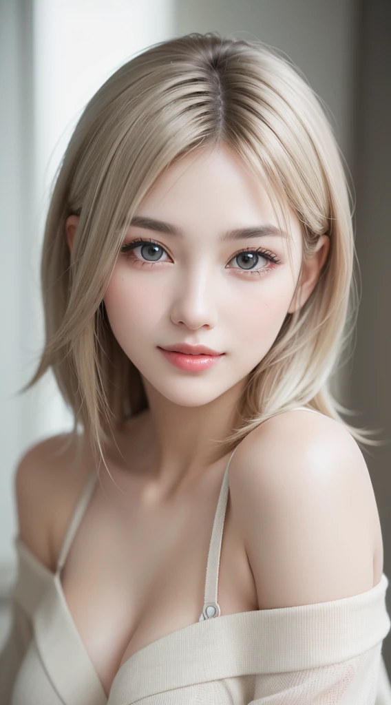 1 female, (Ultra Practical, high resolution), (Very detailed eyes, Highly detailed hair, Highly detailed face, Plump lips with rich details), (off shoulder with open breast), breast, Upper Body, Find a smile, Silver-blonde hair, (best quality:1.4), RAW photos, (Practical, photo-Practical:1.37), Professional photography, light, (Delicate face: 1.2),

