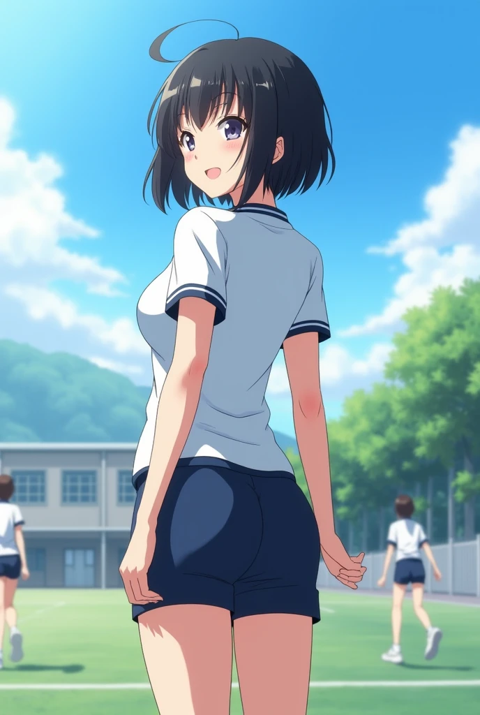 anime 2d image taken from behind (1 girl), Japanese, , perfect face, Symmetrical and cute face, (huge breasts:1.2),A sunny day with blue skies、A high school girl with short black bob hair smiles and talks to her friends during a physical education class on the school grounds.。She is wearing a tight white gym uniform and tight navy blue shorts.、Wearing white socks and sneakers。My hair is swaying slightly in the wind、While worrying about her bangs falling on her cheeks、Having a pleasant conversation with a friend。Her face is bright、Her eyes are shining。In the background、The students, also wearing gym clothes, divided into several groups、The video shows the players playing catch and stretching。Deep in the grounds、White school buildings and green trees々I can see、A scene that makes you  feel the cold autumn wind。The smiles of high school girls attract the attention of onlookers.、It gives a lively and fresh impression.。