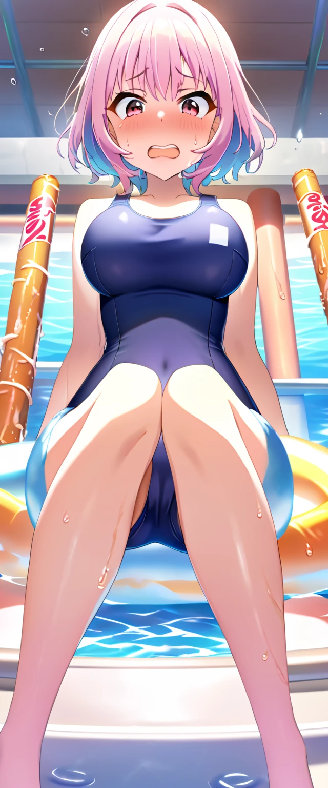 1 person, solo,  High Resolution , woman ,  good lighting , Despicable, , (no clothes taken off), ((( Shiny Dark Blue School Swimsuit))),  pool ,  cute face, I&#39;  m so embarrassed that I blushed, Humiliating, (( spread your legs)), (( is sweaty))((Adhesive sticks to swimsuit.)) ,  short hair, Hair color changes,  pink hair,  Blue Hair,  hair absorption , stupid hair,  tooth, pink eye,  big breasts in okunai,