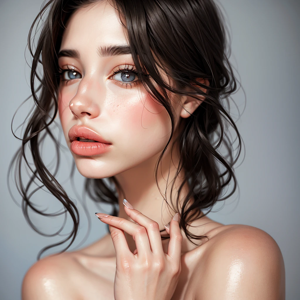 1 girl, single, alone, Beautiful woman、((wavy mid-length, black hair)), ((brown eyes, beautiful eyelashes, realistic eyes)) mouth focus, blushing, detailed face, smooth texture:0.75, realistic texture:0.65, realistic:1.1, Anime CG style, completely smooth skin, perfects face symmetry, perfect lips, flitatious expression, licking finger, sucking her finger, saliva dripping, black nails, face focus, mouth focus.