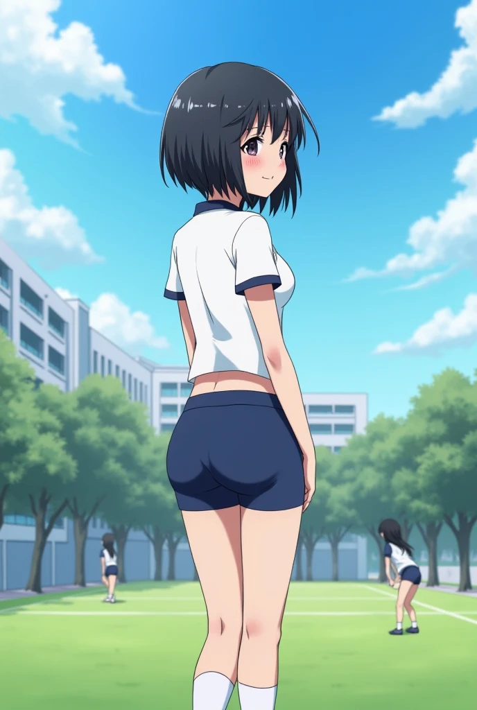 Realistic image taken from behind (1 girl), Japanese, , perfect face, Symmetrical and cute face, (huge breasts:1.2),A sunny day with blue skies、A high school girl with short black bob hair smiles and talks to her friends during a physical education class on the school grounds.。She is wearing a tight white gym uniform and tight navy blue shorts.、Wearing white socks and sneakers。My hair is swaying slightly in the wind、While worrying about her bangs falling on her cheeks、Having a pleasant conversation with a friend。Her face is bright、Her eyes are shining。In the background、The students, also wearing gym clothes, divided into several groups、The video shows the players playing catch and stretching。Deep in the grounds、White school buildings and green trees々I can see、A scene that makes you  feel the cold autumn wind。The smiles of high school girls attract the attention of onlookers.、It gives a lively and fresh impression.。