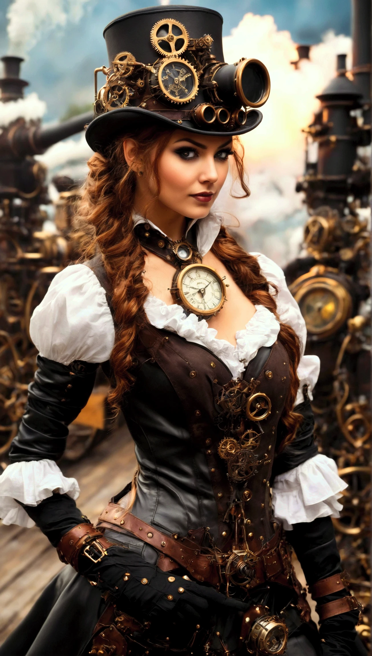 Женщина в костюме steampunk фотографируется, в одежде в стиле steampunk, , cm. breast, в  full length,  full length, steampunk фантазия style, (steampunk), прекрасная богиня в стиле steampunk, steampunkовая красивая женщина, steampunk Girl, steampunk style, steampunk фантазия, steampunk, Девушка-изобретатель в стиле steampunk, Золотой steampunk, steampunk, steampunk, Действие происходит в steampunk-мире, Яркая концепция steampunkа