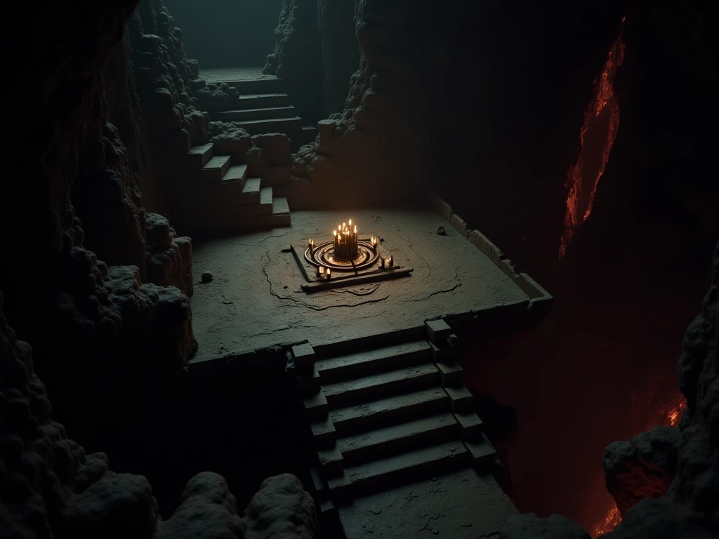 A cult ritual site in a large underground cavern cave with a wide stone stair leading up to a elevated rectangular platform with a alter in the middle with candles around it, with a empty cavernous pit behind the rectangular platform alter with faint red light emitting from the pits from the Arkham Horror franchise, hyper realistic, actually like the picture but in a cinematic horror movie scene.