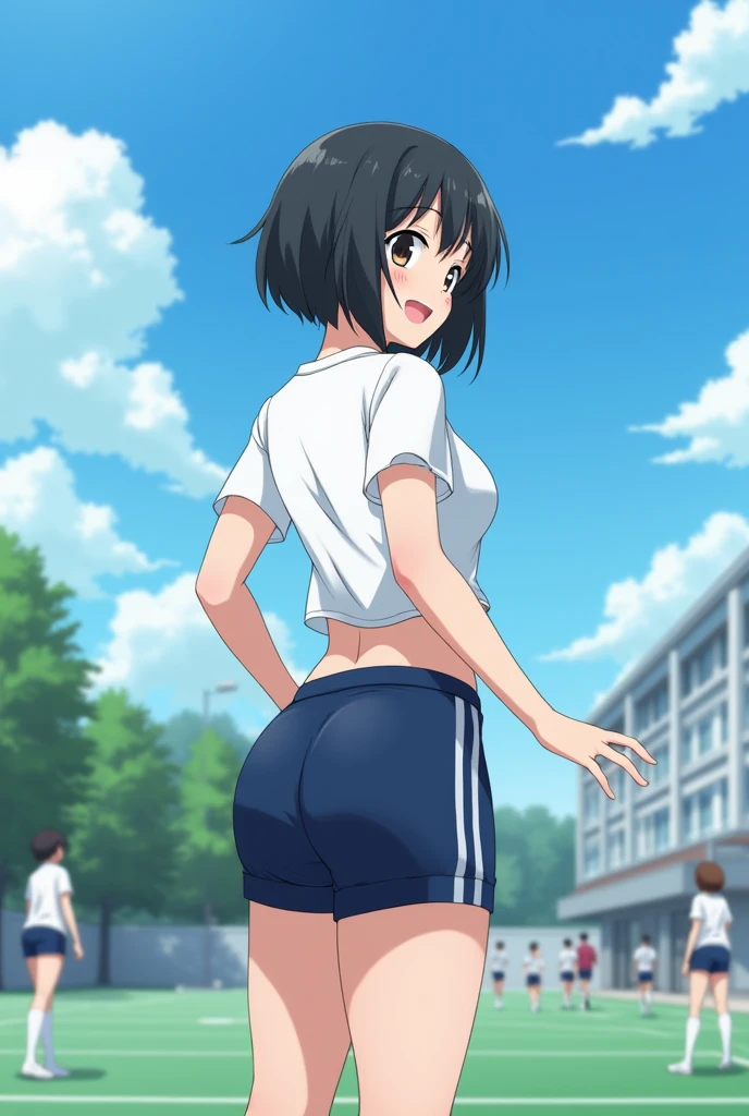 Relistic 4k image taken from behind (1 girl), Japanese, , perfect face, Symmetrical and cute face, (huge breasts:1.2),A sunny day with blue skies、A high school girl with short black bob hair smiles and talks to her friends during a physical education class on the school grounds.。She is wearing a tight white gym uniform and tight navy blue shorts.、Wearing white socks and sneakers。My hair is swaying slightly in the wind、While worrying about her bangs falling on her cheeks、Having a pleasant conversation with a friend。Her face is bright、Her eyes are shining。In the background、The students, also wearing gym clothes, divided into several groups、The video shows the players playing catch and stretching。Deep in the grounds、White school buildings and green trees々I can see、A scene that makes you  feel the cold autumn wind。The smiles of high school girls attract the attention of onlookers.、It gives a lively and fresh impression.。