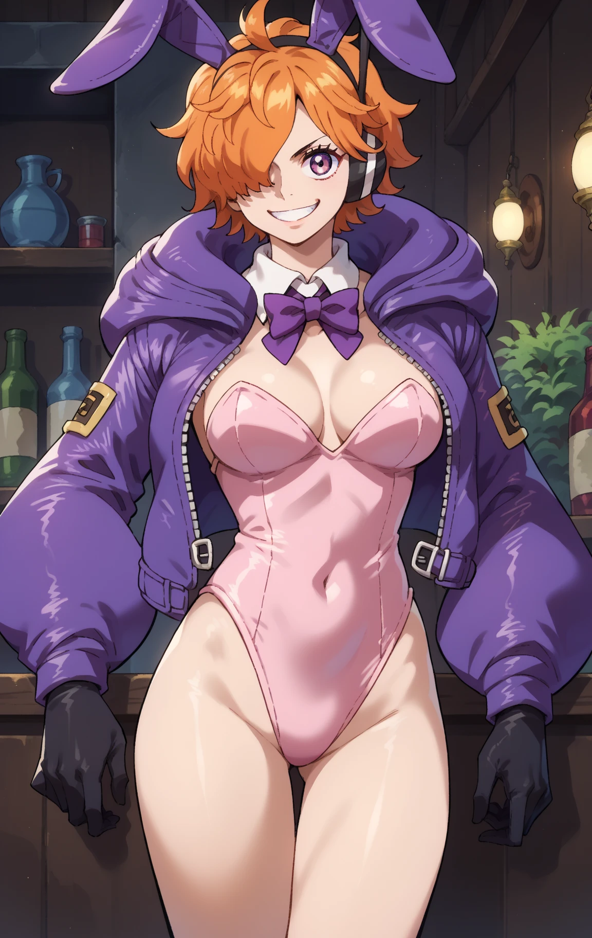 masterpiece, best quality, highres, nishikino maki,purple eyes,red hair, in bar, y,(lipstick:0.6), see-through bodysuit, bretout,breasts our,love live, pasties , breasts apart , sting,half closed eyes, sweating,sweat drops , spread legs, arms supporback,cum on face,cum on breasts,cum trai licking lip breathartenderle