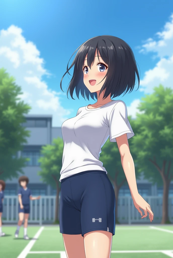 Realistic 4k image taken from profile (1 girl), Japanese, , perfect face, Symmetrical and cute face, (huge breasts:1.2),A sunny day with blue skies、A high school girl with short black hair and bob smiles and talks to her friends during a physical education class on the school grounds.。She is wearing a tight white gym uniform and tight navy blue shorts.、Wearing white socks and sneakers。My hair is swaying slightly in the wind、While worrying about her bangs falling on her cheeks、Having a pleasant conversation with a friend。Her face is bright、Her eyes are shining。In the background、The students, also wearing gym clothes, divided into several groups、The video shows the players playing catch and stretching。Deep in the grounds、White school buildings and green trees々I can see、A scene that makes you feel  the cold wind of autumn。The smiles of high school girls attract the attention of viewers.、It gives a lively and fresh impression.。 realistic