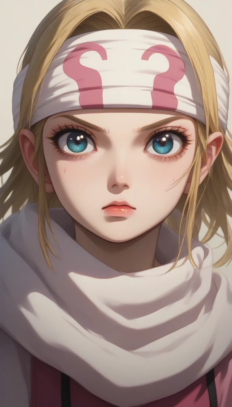 (((Fumina Hoshino))) blonde hair blue eyes score_9, score_8_up, score_7_up, 1girl, kyoukai cowl (((headband))) body guard    oval face  half portrait 